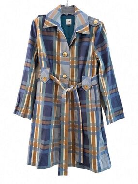 CAbi Highclere Trench Plaid Belted Coat Size L Style 6248 NWOT